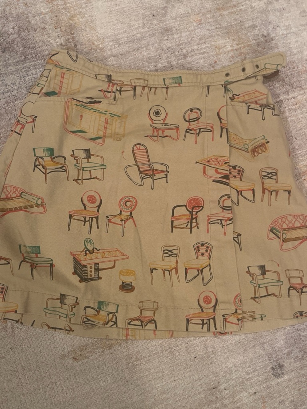 Anthropologie Beige Mini Skirt with Vintage Chair Print